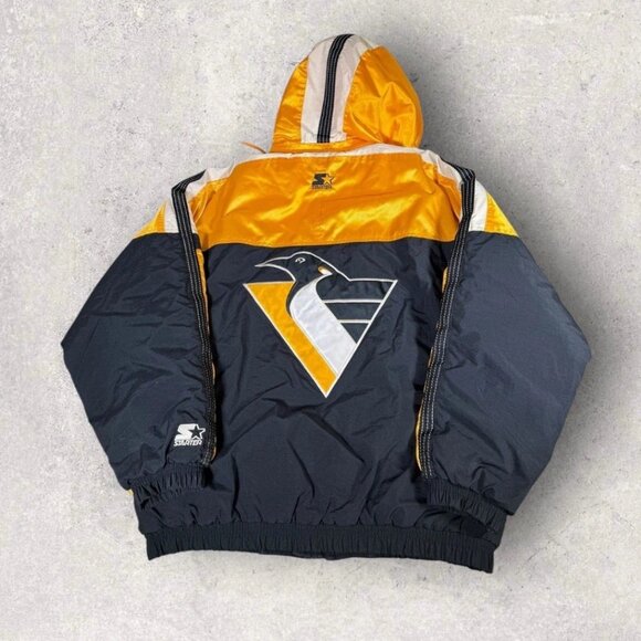 Vintage 90s Starter NHL Pittsburgh Penguins Puffer Jacket Mens L Hooded RARE Y2K